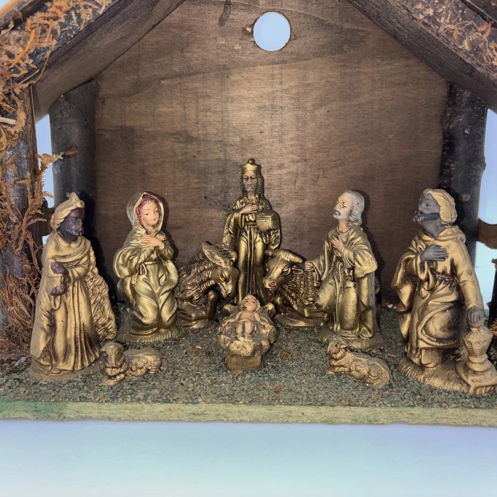 VTG Nativity Scene Crèche Set Rustic Stable Antique Gold Look Fixed Figurines